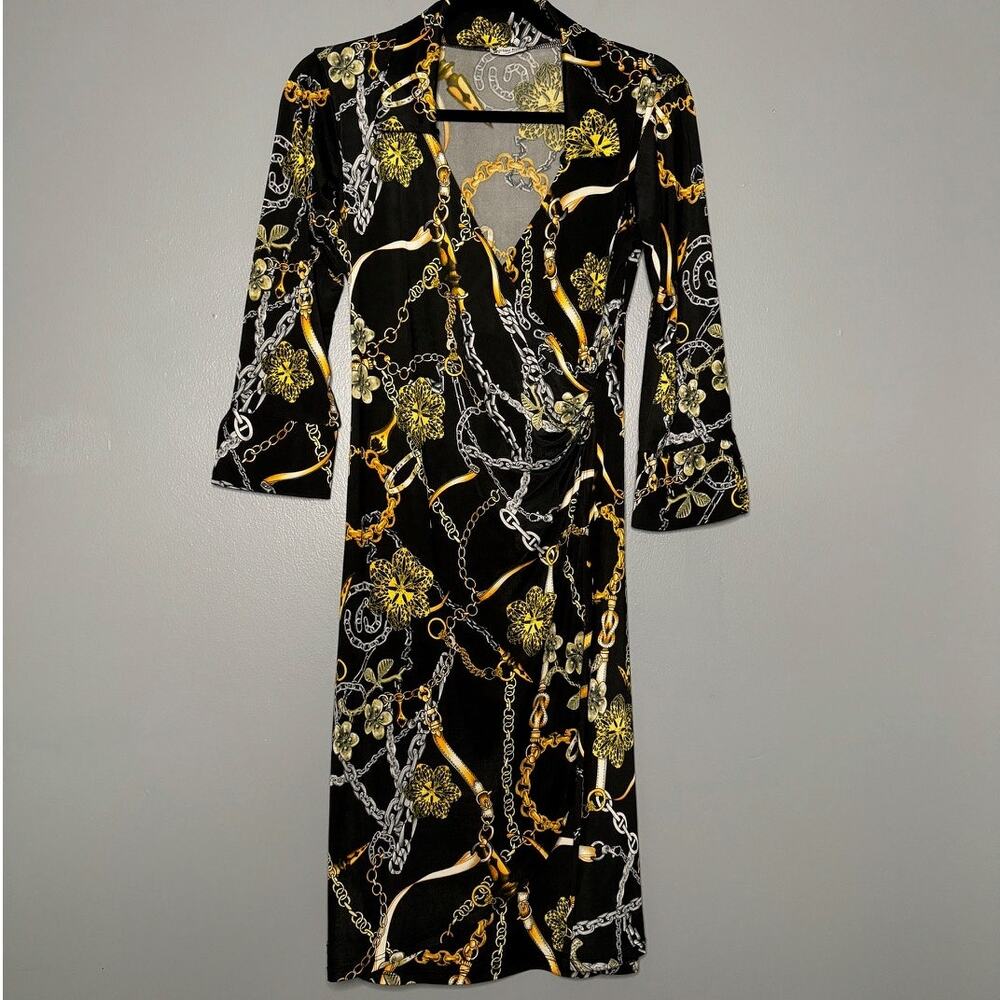 Ciao Bella Saint Tropez Medium Midi Wrap Dress Chain Black 3/4 Sleeve Stretch